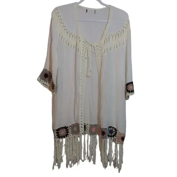 Oliver by Escio Boho Gauzy Cardigan Crochet Granny Square Trim Tie Front Size L - Picture 1 of 9